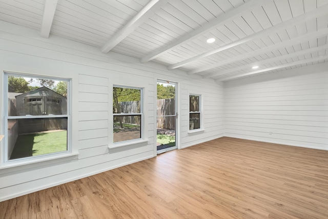 spare room featuring light hardwood / wood-style flooring, beamed ceiling, and wooden ceiling