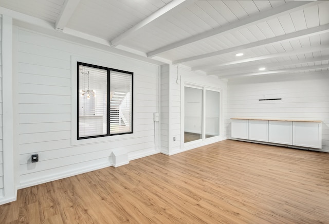 unfurnished living room with light hardwood / wood-style floors and beam ceiling