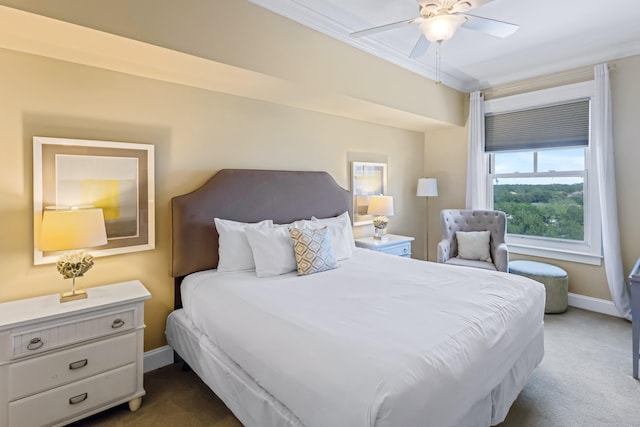 bedroom featuring ceiling fan and dark carpet