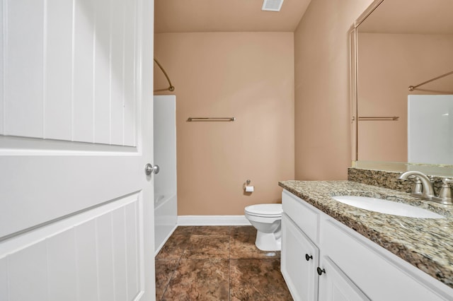 full bathroom with tile floors, oversized vanity, toilet, and bathing tub / shower combination