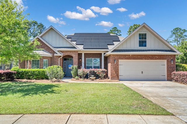 craftsman house featuring a garage, solar panels, and a front yard