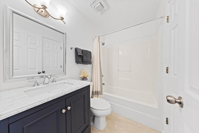 full bathroom featuring tile flooring, a textured ceiling, shower / bath combo, toilet, and vanity