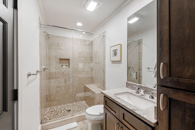 bathroom featuring large vanity, tile floors, toilet, and ornamental molding