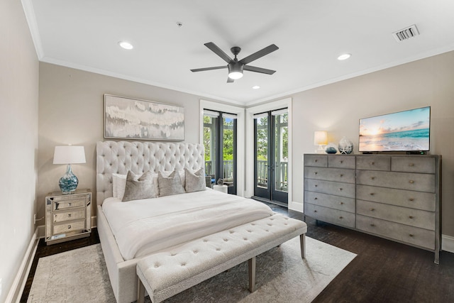 bedroom with french doors, dark hardwood / wood-style floors, access to exterior, ornamental molding, and ceiling fan