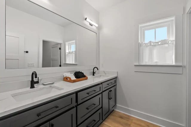 bathroom with dual bowl vanity and hardwood / wood-style floors