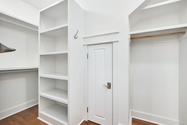 spacious closet featuring dark hardwood / wood-style floors