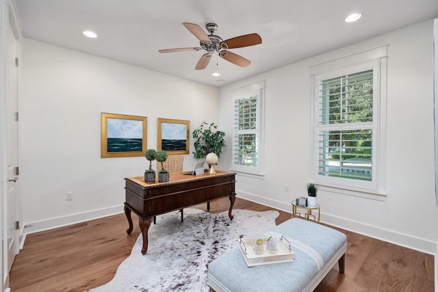 office space with wood-type flooring and ceiling fan