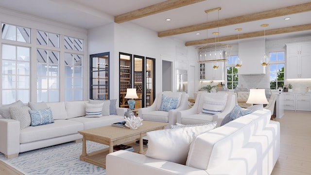 living room featuring beamed ceiling and light wood-type flooring