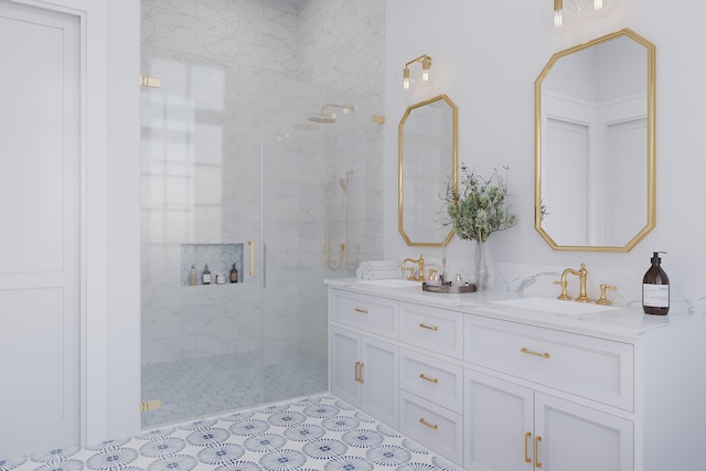 bathroom featuring double sink vanity and a tile shower