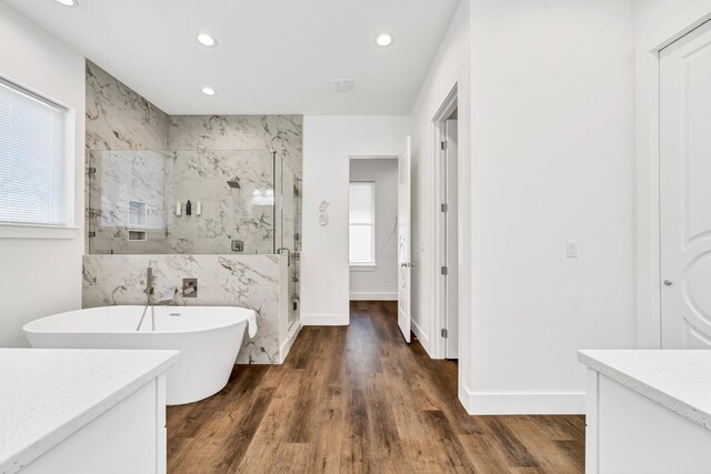 bathroom with vanity, hardwood / wood-style flooring, and independent shower and bath