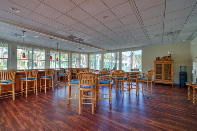 dining space featuring a paneled ceiling, dark hardwood / wood-style floors, and a healthy amount of sunlight