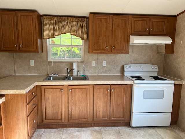 kitchen featuring light tile floors, fume extractor, sink, and white electric range