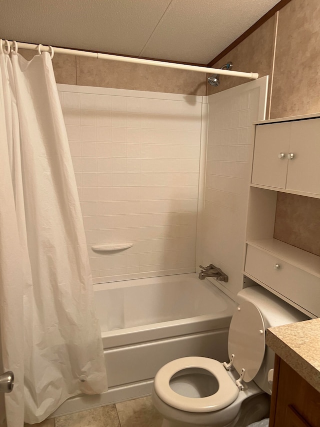 full bathroom with tile floors, vanity, shower / bath combination with curtain, and toilet