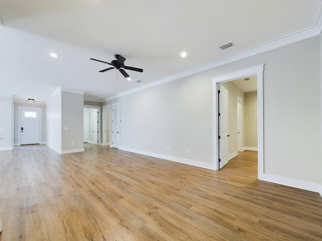 unfurnished living room with ceiling fan, crown molding, and light hardwood / wood-style flooring