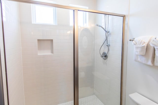 bathroom featuring toilet and a shower with door