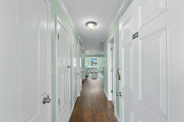 hallway featuring crown molding and dark hardwood / wood-style floors