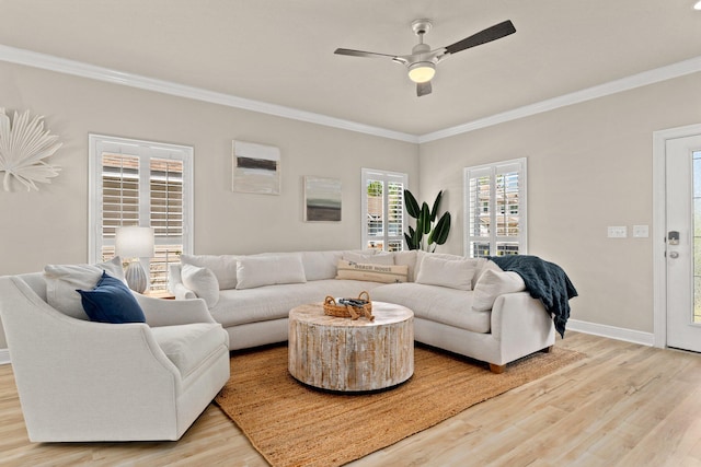 living room featuring ceiling fan, crown molding, and light wood-type flooring