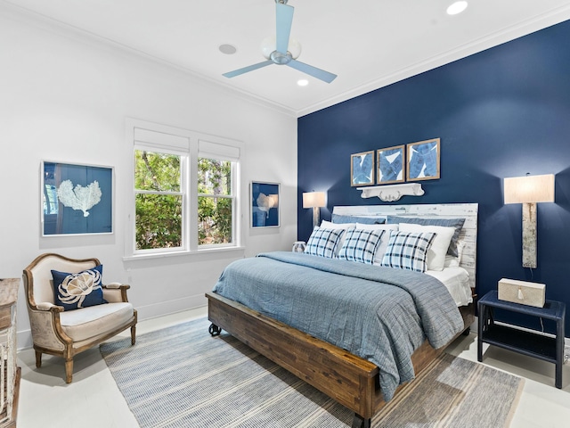 bedroom featuring recessed lighting, ornamental molding, baseboards, an accent wall, and a ceiling fan