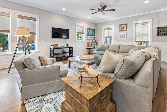 living room featuring a healthy amount of sunlight, ceiling fan, and light wood-type flooring