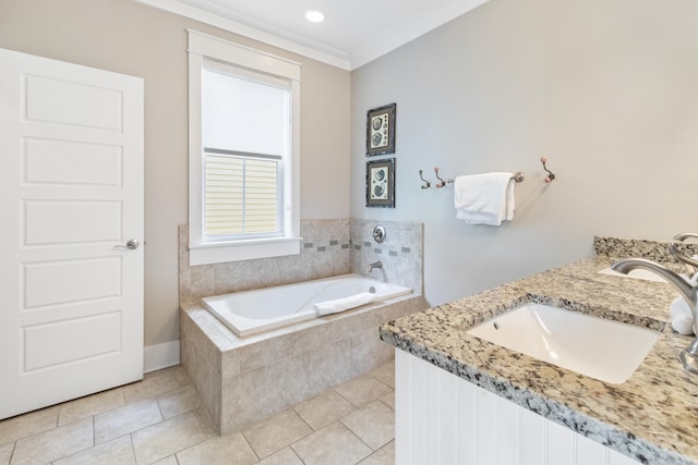 bathroom featuring tile flooring, vanity, crown molding, and tiled bath