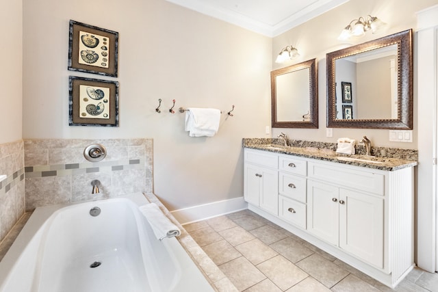 bathroom with ornamental molding, dual bowl vanity, tile floors, and tiled bath