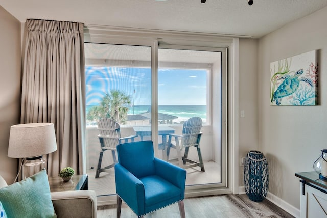 living area featuring light hardwood / wood-style floors, a textured ceiling, and a water view