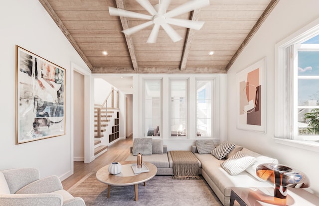 living area featuring wooden ceiling, vaulted ceiling with beams, stairway, and wood finished floors