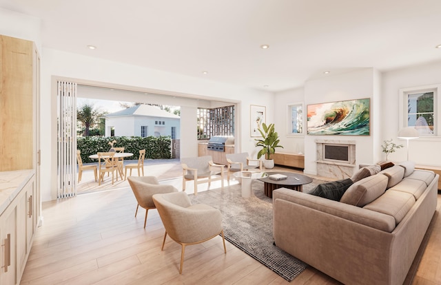 living room with light wood-type flooring, a healthy amount of sunlight, and a fireplace