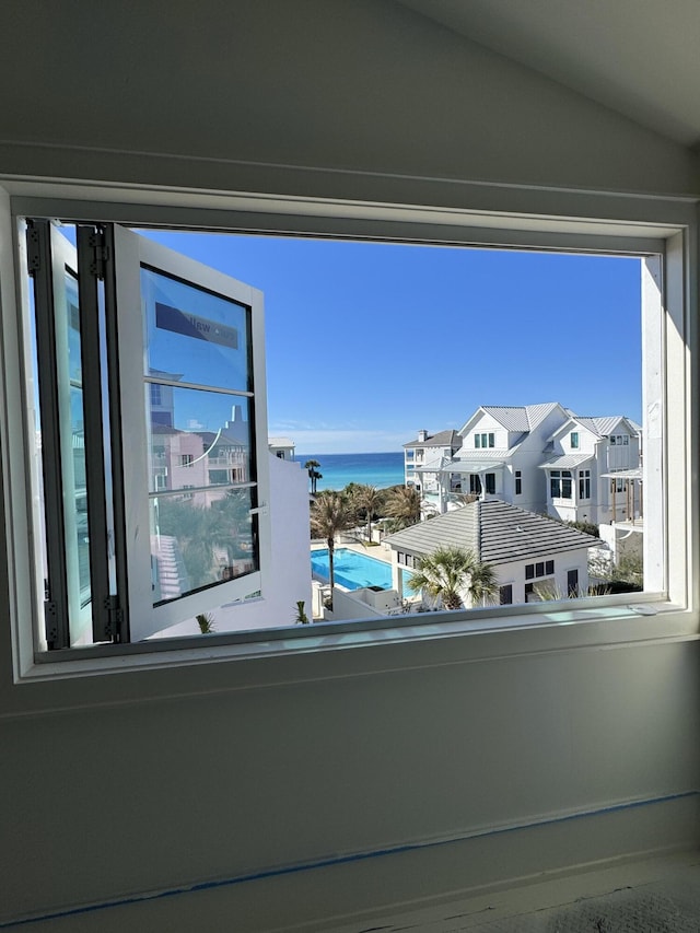 interior space featuring a water view