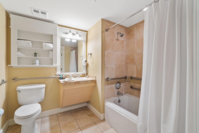 full bathroom with oversized vanity, toilet, tile floors, and shower / bathtub combination with curtain