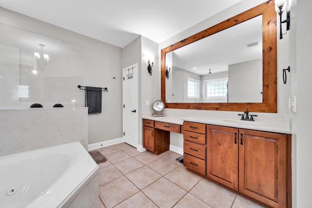 bathroom featuring vanity, a relaxing tiled bath, and tile flooring