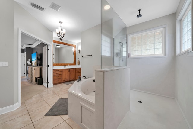 bathroom with independent shower and bath, tile flooring, vanity, and a notable chandelier