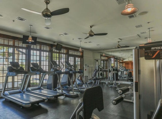 workout area with ceiling fan