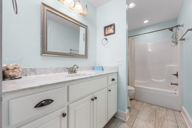 full bathroom with toilet, shower / bath combination with curtain, vanity, and tile flooring