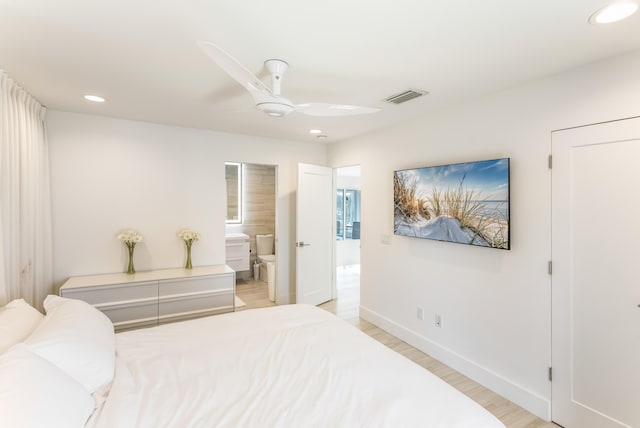 bedroom featuring recessed lighting, a ceiling fan, baseboards, visible vents, and light wood finished floors