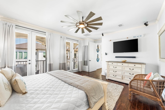 bedroom with french doors, crown molding, access to exterior, and multiple windows