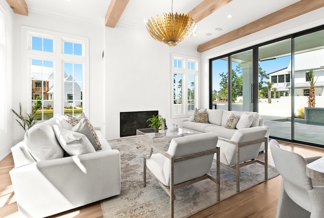 living room with beamed ceiling, wood-type flooring, a chandelier, and a wealth of natural light