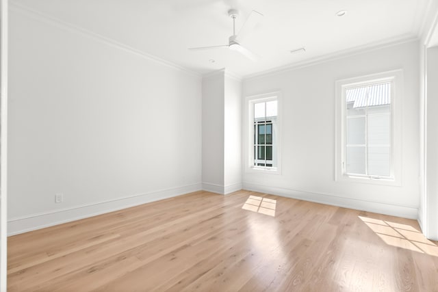 empty room with light hardwood / wood-style flooring, ceiling fan, and crown molding