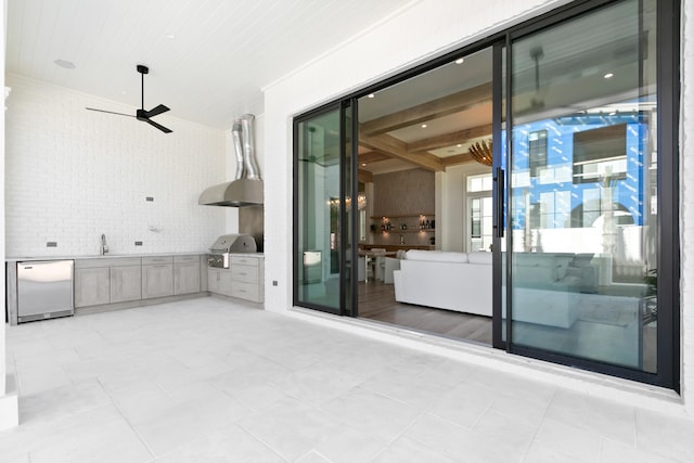 view of patio featuring area for grilling, ceiling fan, sink, and grilling area