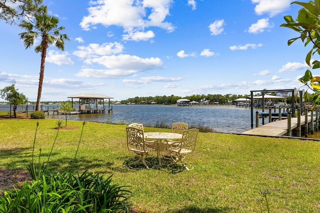 view of dock with a water view and a lawn