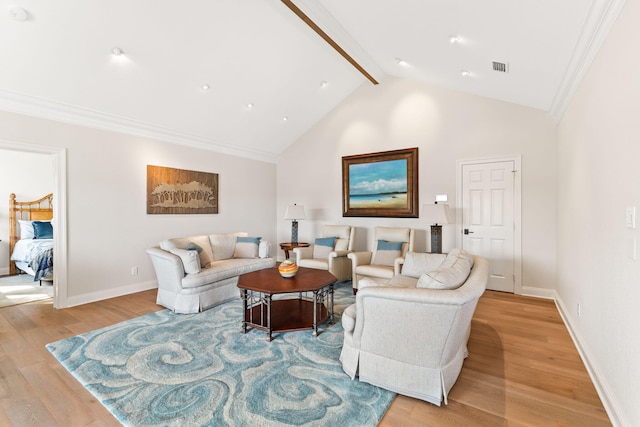 living room featuring high vaulted ceiling, light hardwood / wood-style flooring, ornamental molding, and beam ceiling