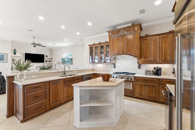 kitchen with ceiling fan, light tile floors, sink, backsplash, and kitchen peninsula