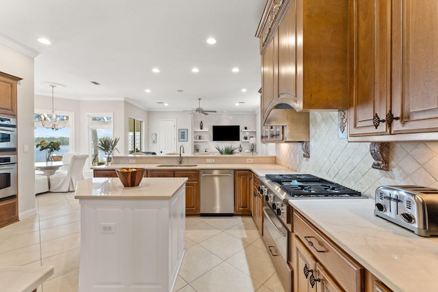 kitchen featuring appliances with stainless steel finishes, sink, backsplash, and ornamental molding