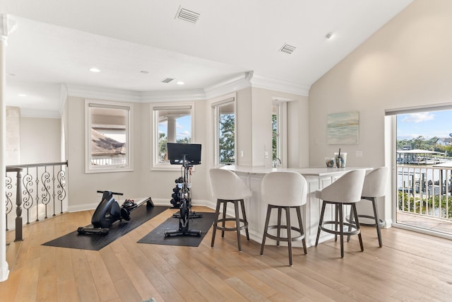 exercise area featuring light hardwood / wood-style flooring and vaulted ceiling