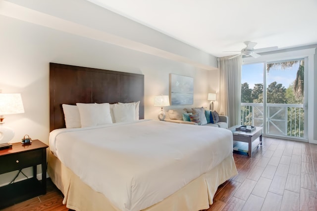 bedroom featuring access to exterior, ceiling fan, and hardwood / wood-style floors