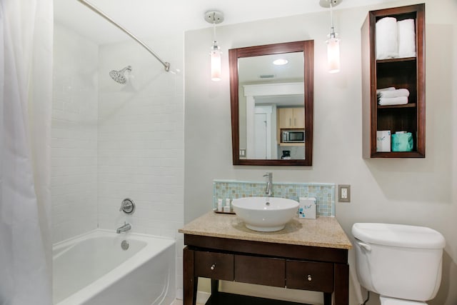 full bathroom with shower / bathtub combination with curtain, tasteful backsplash, toilet, and vanity