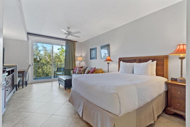 tiled bedroom with ceiling fan and access to exterior