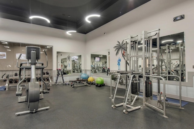 gym featuring a towering ceiling