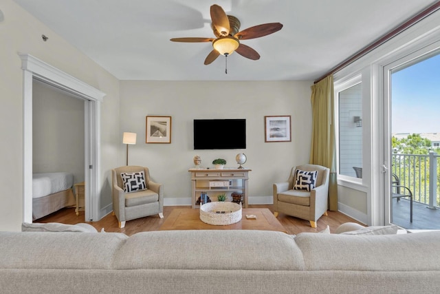 living room featuring plenty of natural light, light hardwood / wood-style flooring, and ceiling fan