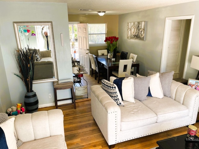 living room with a textured ceiling and hardwood / wood-style flooring